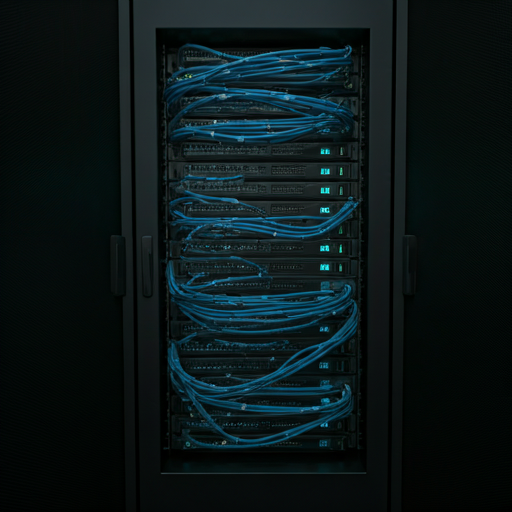 Rack de servidores iluminado em ambiente de data center, com cabos organizados e LEDs de status.